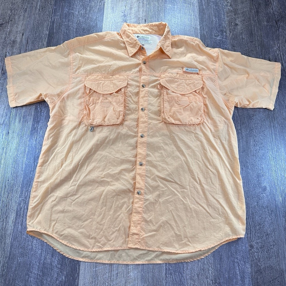 Vintage Columbia PFG Short Sleeve Vented Fishing‎ Shirt Men's XL Orange Pockets